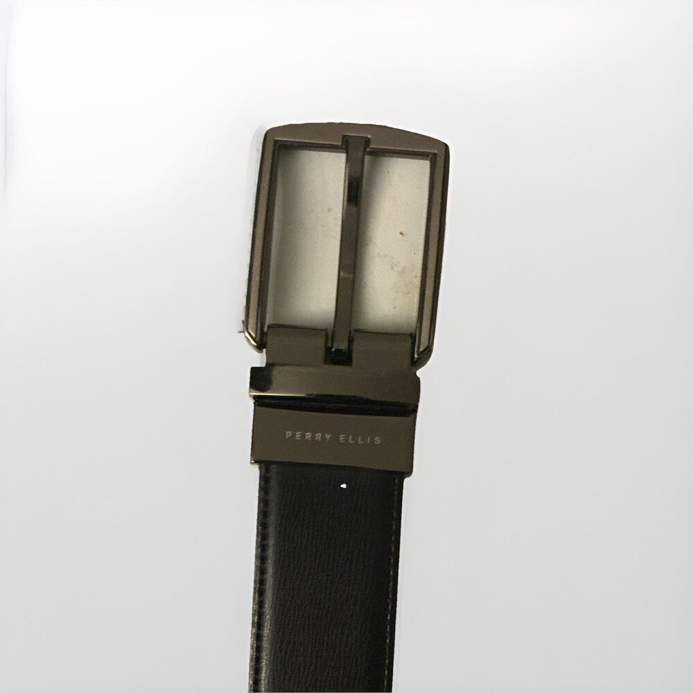 Perry Ellis Men’s Dress Belt Black/Brown 35/90 Reversible Logo Metal Buckle